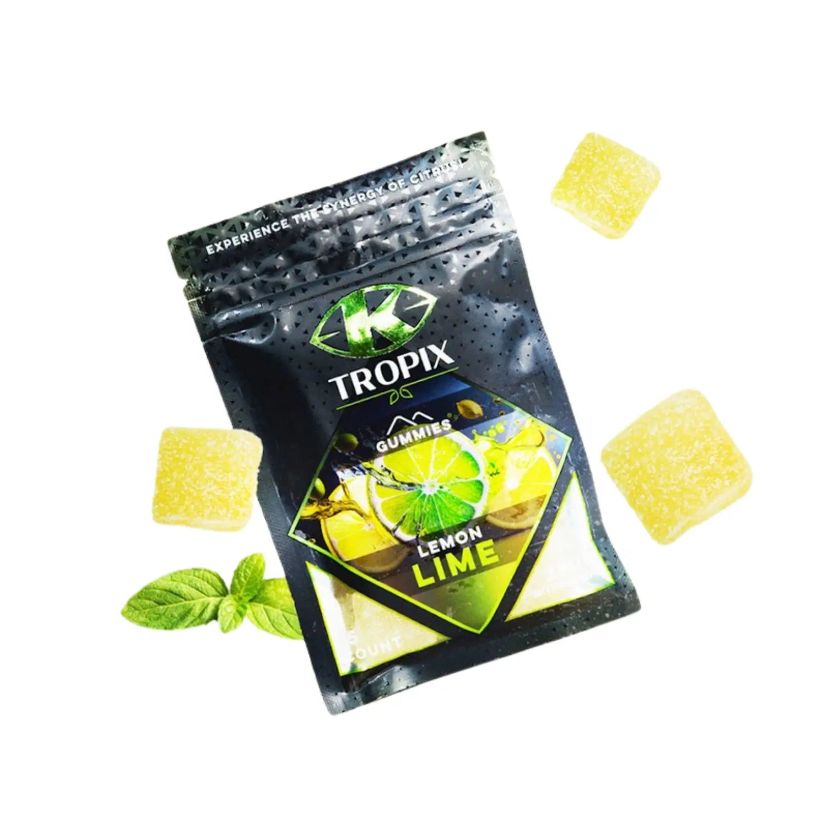 Package of Tropix Kratom Extract Gummies in a vibrant lemon-lime flavor, featuring 25mg of kratom per gummy. The packaging is bright and eye-catching with tropical-themed design elements, emphasizing the refreshing citrus flavor. The gummies are neatly arranged or displayed alongside the packaging, showcasing their chewy texture and the promise of a balanced kratom experience.