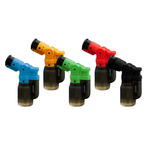 display of blue, yellow ,green, red and black maven torch turner