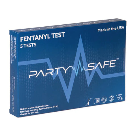 Image of Party Safe Fentanyl Test Strips package, showing the test strips inside a sealed pouch with clear branding and instructions.