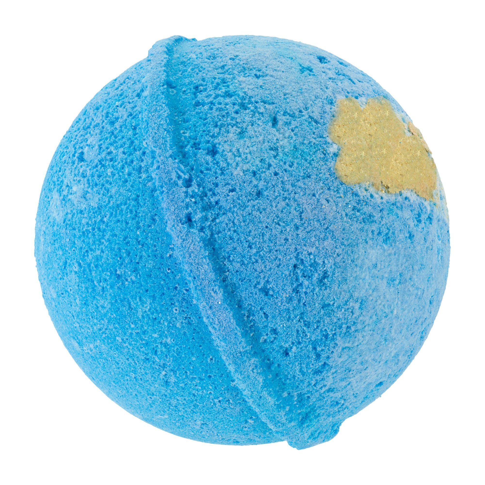 This is a picture of a eucalyptus cbd bathbomb. The bathbomb itself is blue in color.