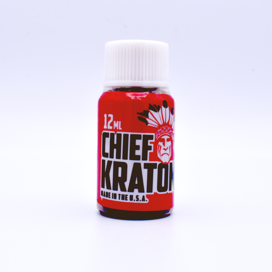 A single 12ml bottle of Chief Kratom is on a white background. The label is red and has a drawing of a stereotypical 